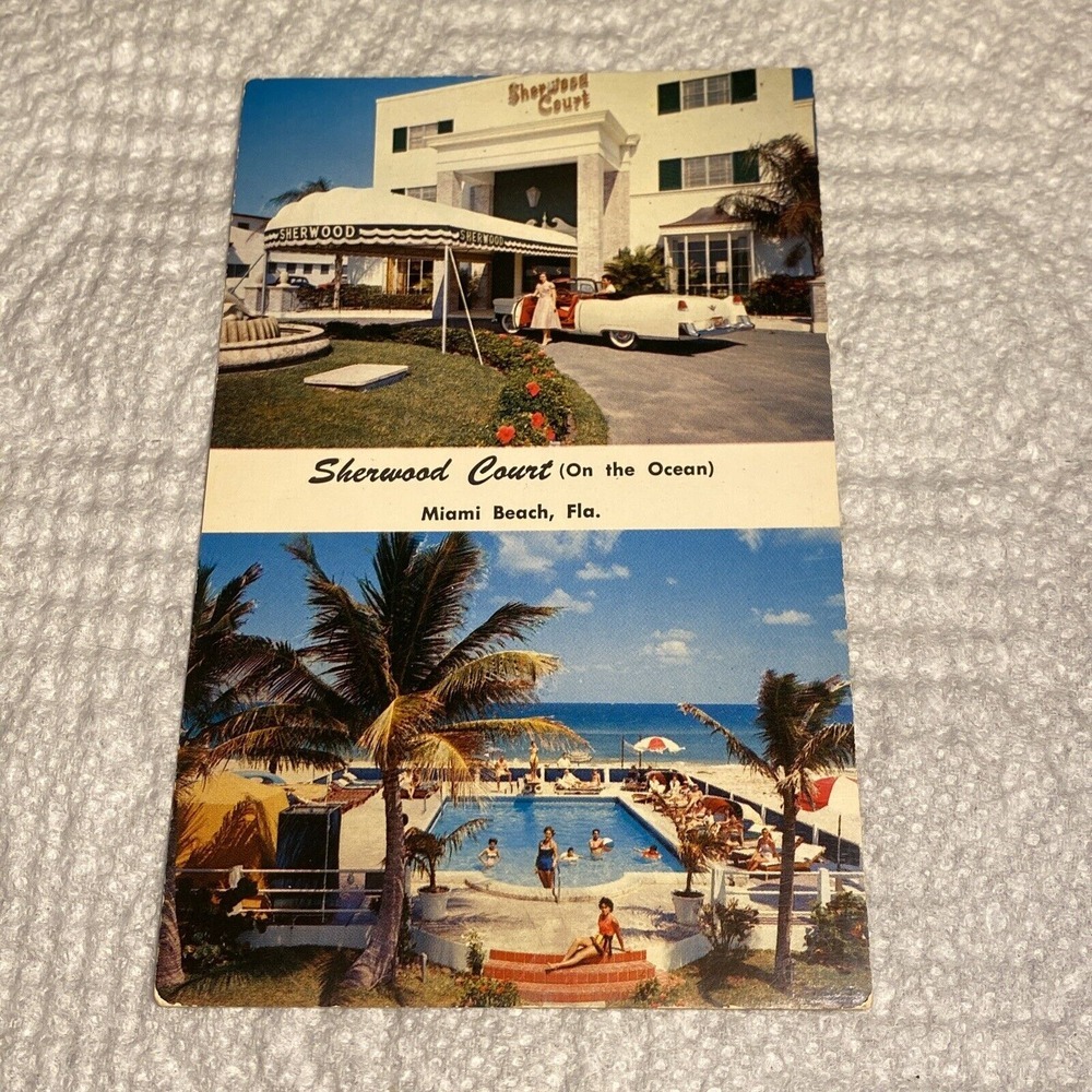 Vintage Miami Beach Sherwood Court Hotel FL Postcard Unposted‎ Pool Oceanfront